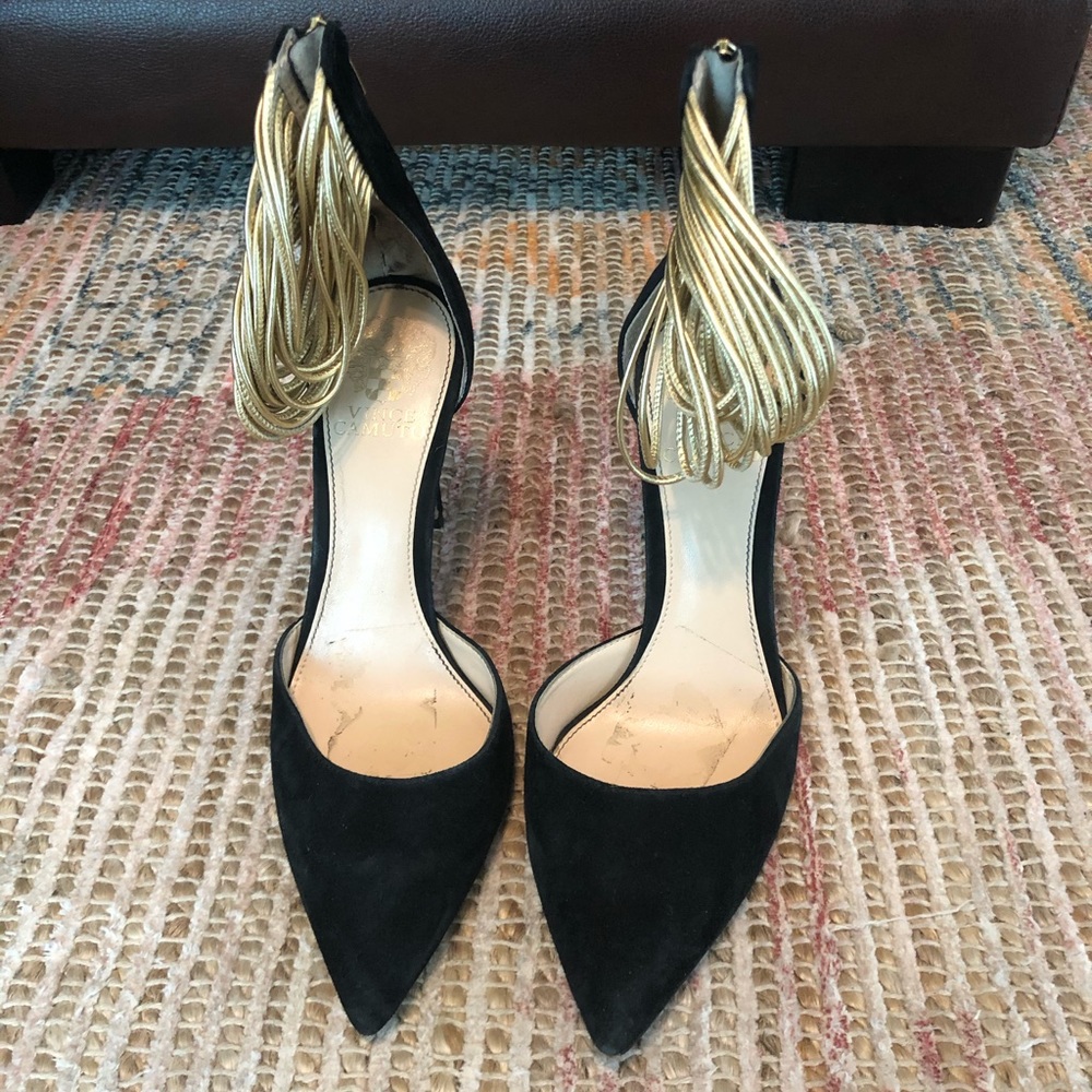 Black Suede & Gold Band Vince Camuto Heels